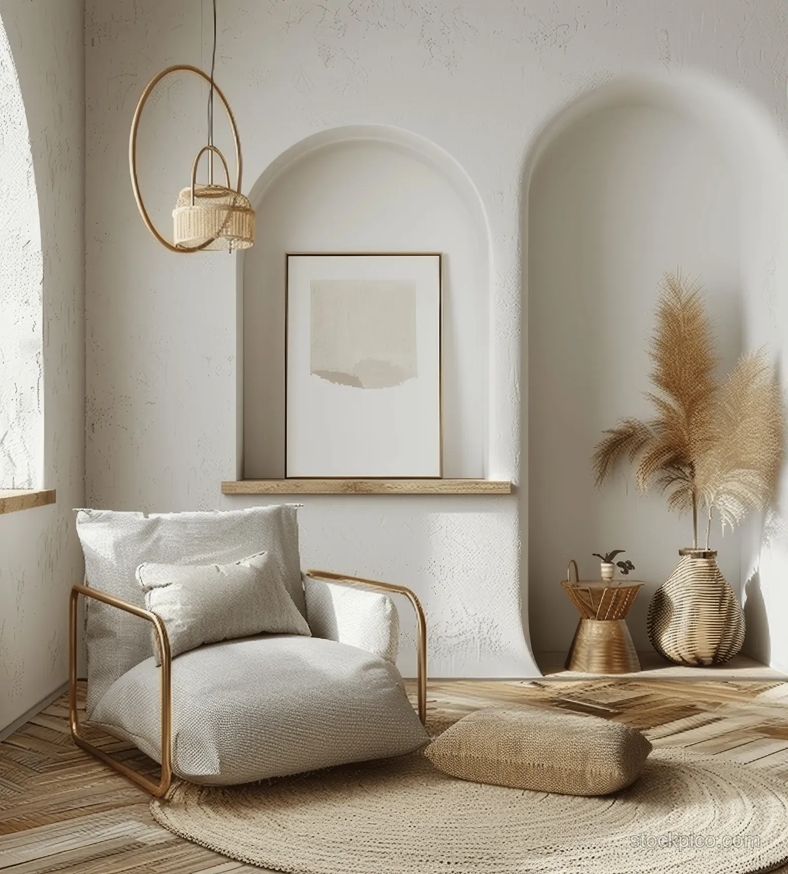 Blue velvet armchair and vertical poster frame set against an arched wall with warm boho decor and plants.