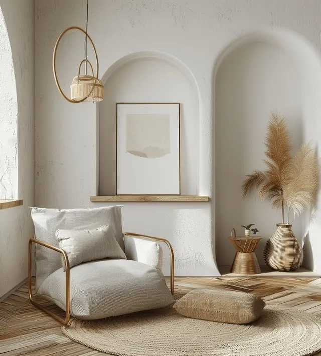 Blue velvet armchair and vertical poster frame set against an arched wall with warm boho decor and plants.