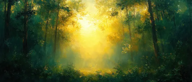Sunbeams shine through birch branches and new spring leaves within a misty forest canopy.