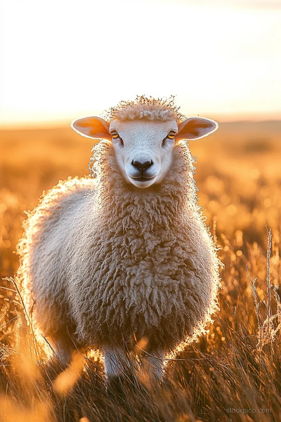 A fluffy white sheep stands in a golden sunset field with warm backlight behind it.
