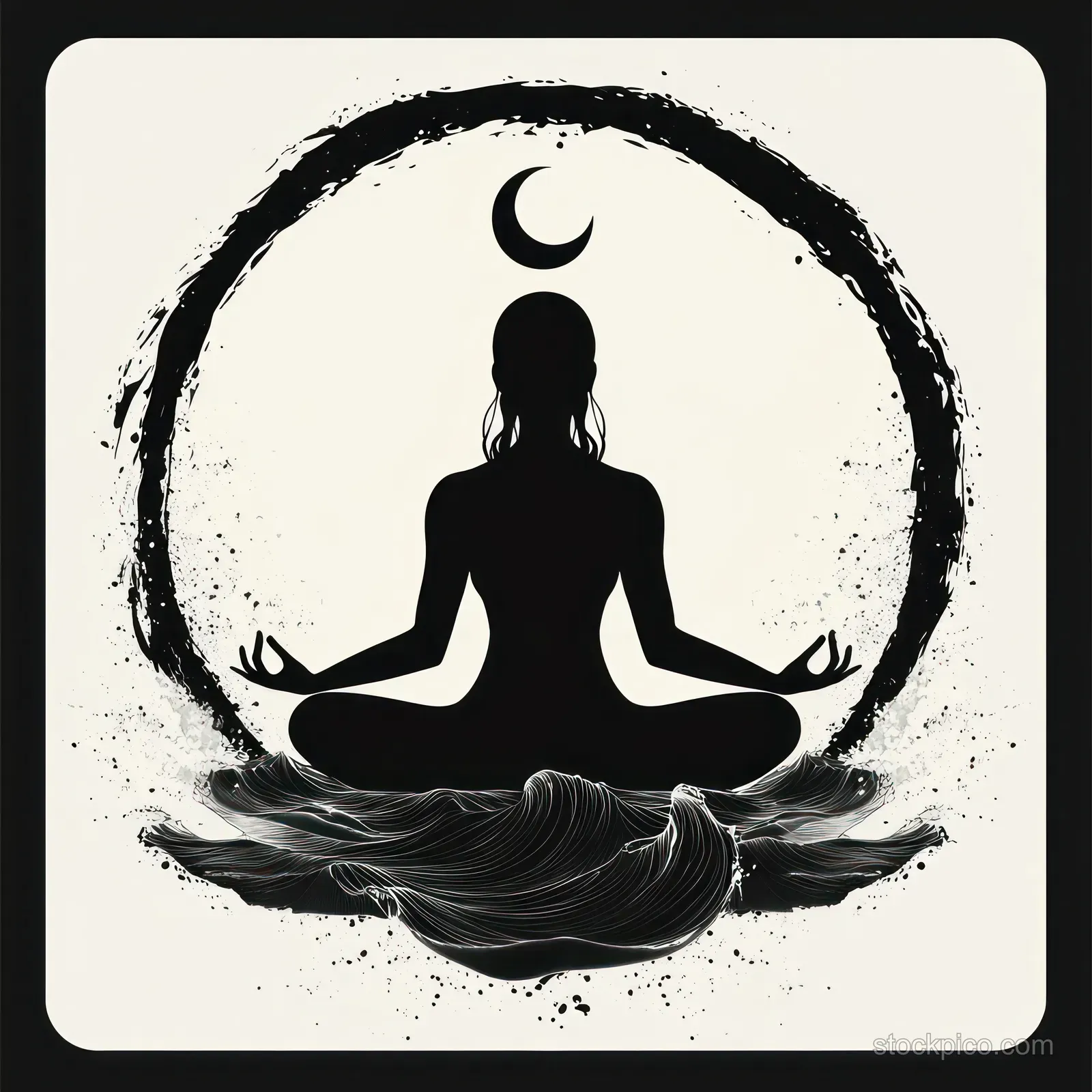 A black silhouette in a lotus meditation pose sits inside a textured circle under a crescent moon with flowing fabric shapes below.