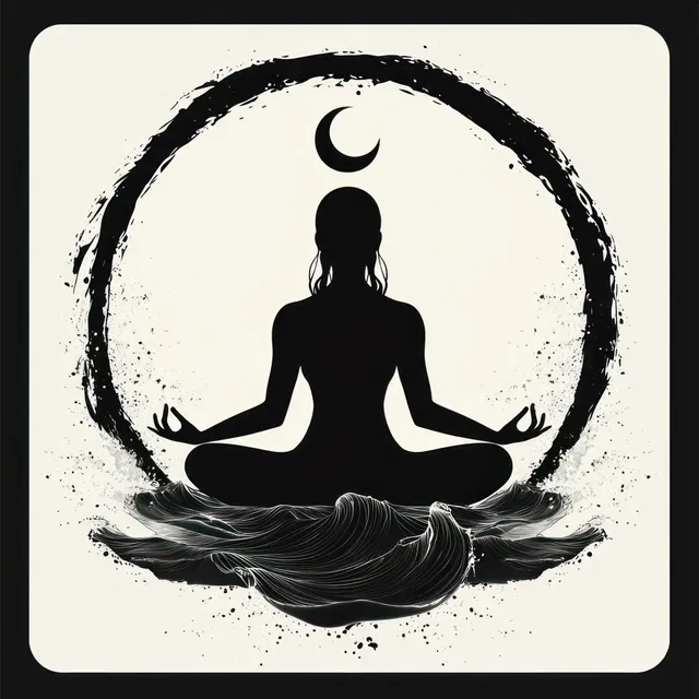 A black silhouette in a lotus meditation pose sits inside a textured circle under a crescent moon with flowing fabric shapes below.