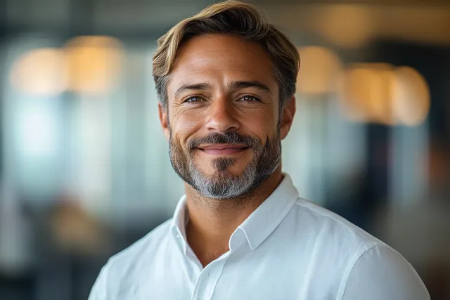 Smiling mature executive in white shirt posing in a softly blurred office