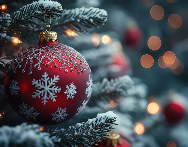 Red Christmas bauble with white snowflake pattern hanging on a frosted pine branch, with glowing bokeh lights behind.