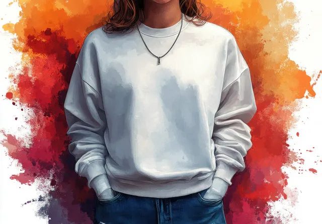 Person wearing a white long-sleeve V-neck shirt with visible collar and sleeves against orange watercolor splashes.