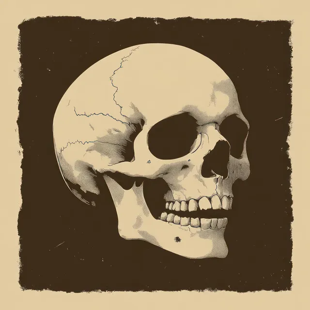 Side-profile human skull with visible cracks on a dark textured vintage background.
