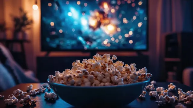 Bowl of popcorn with scattered kernels on a table while a blurred TV glows in the background.
