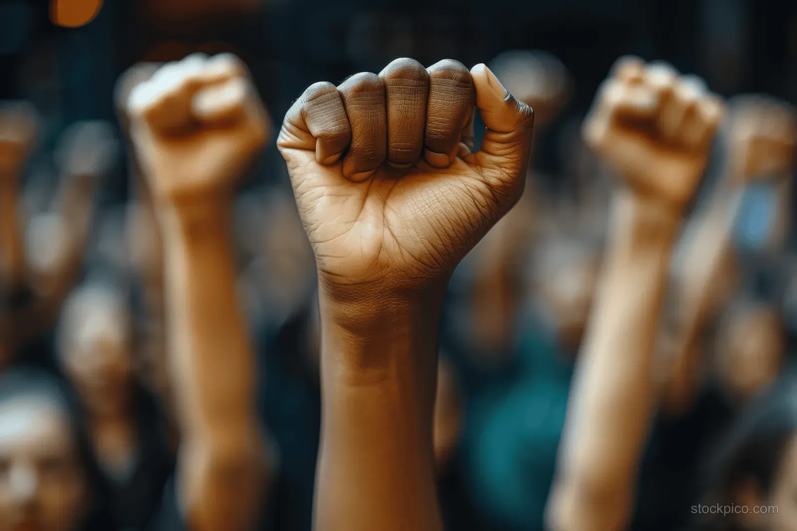 A close-up raised clenched fist stands above other lifted fists in a blurred protest crowd.