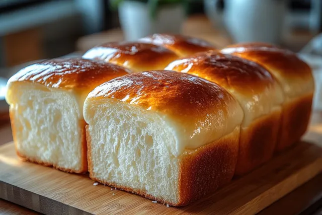 Sliced golden bread rolls with a soft white crumb sit on a wooden cutting board under warm light.
