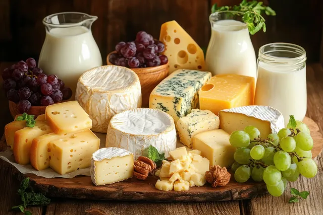 Assorted cheeses with grapes and walnuts on a rustic wooden board, jugs of milk nearby