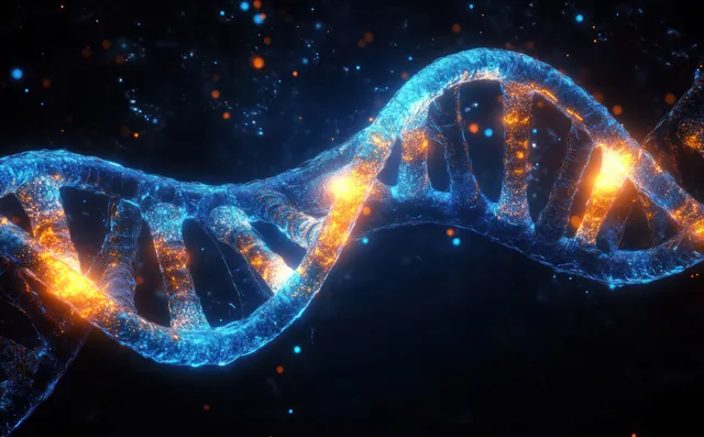 Glowing DNA double helix molecule with blue and orange light swirling in dark space