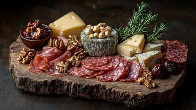 Rustic wooden charcuterie board piled with sliced cured meats, cheeses, walnuts, hazelnuts, dark grapes, fig jam, and rosemary.