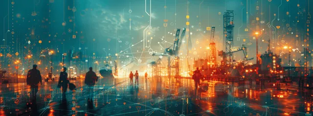 Night port skyline with cranes and containers beneath a glowing digital transportation network overlay.