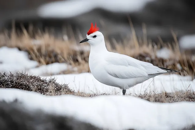 White gull with a red crest standing on snowy ground among dry winter grasses.