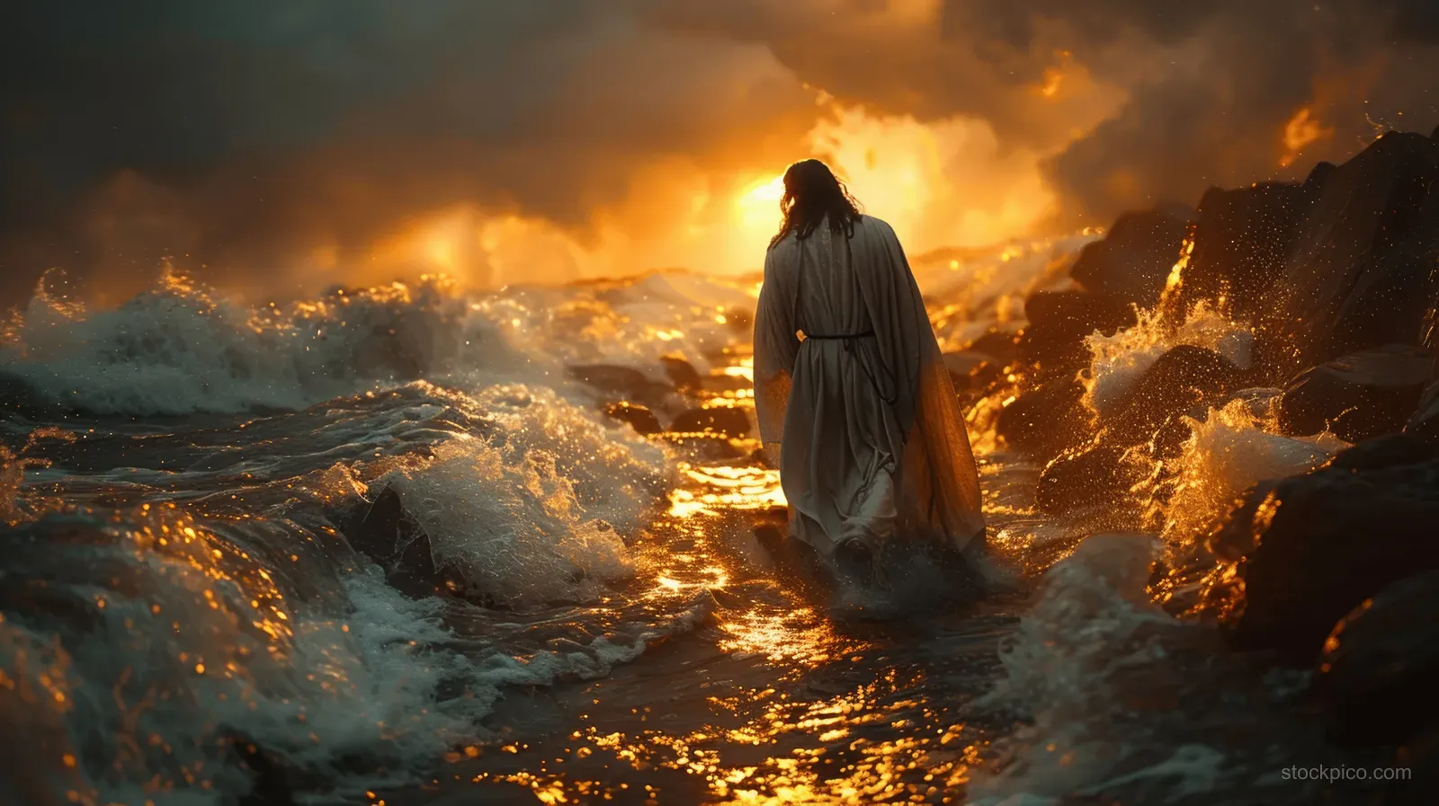 Jesus walks across stormy water as glowing light creates golden reflections on the waves.