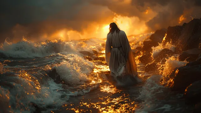 Jesus walks across stormy water as glowing light creates golden reflections on the waves.
