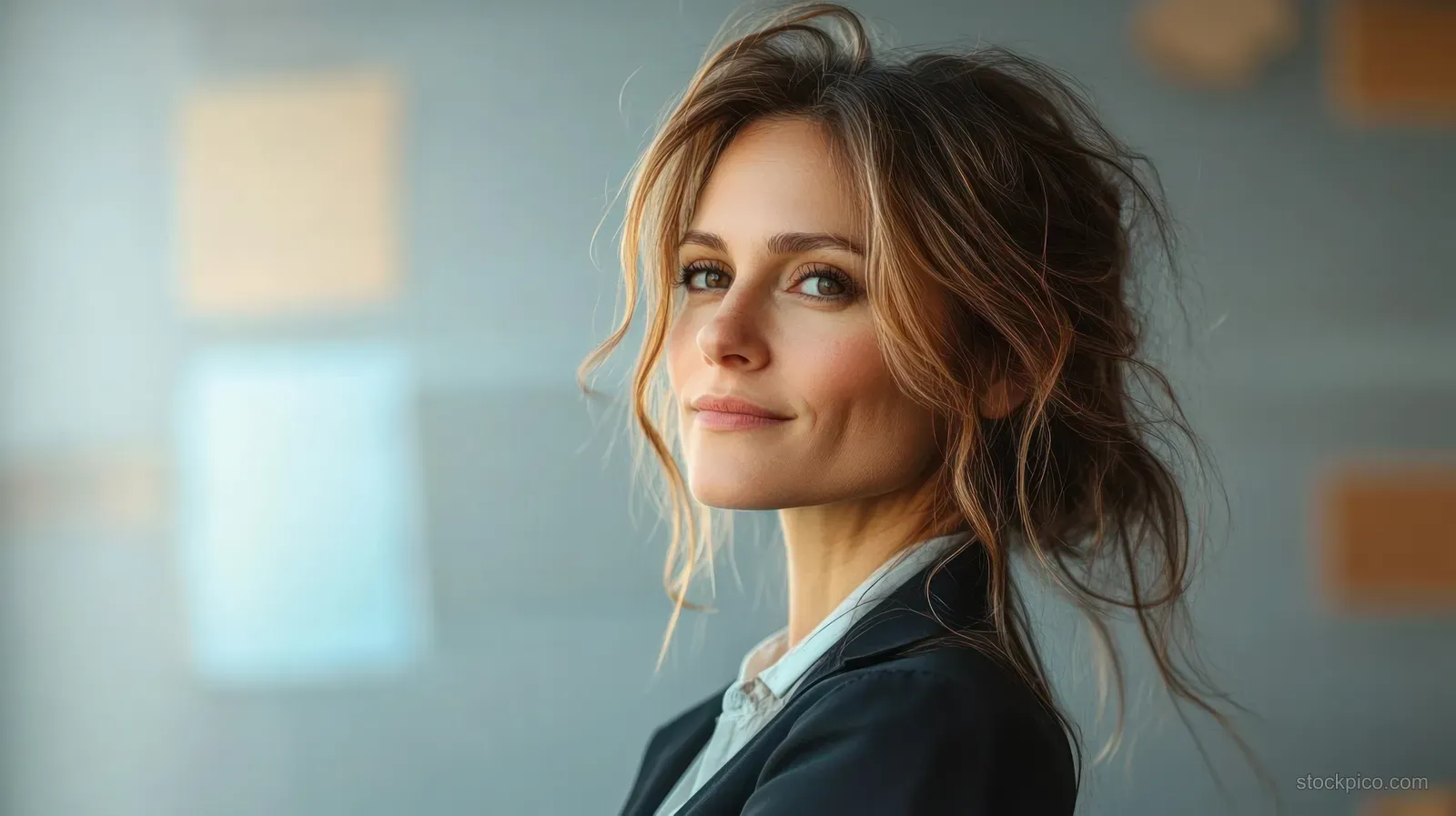 A woman in glasses stands in profile beside a softly lit office window.