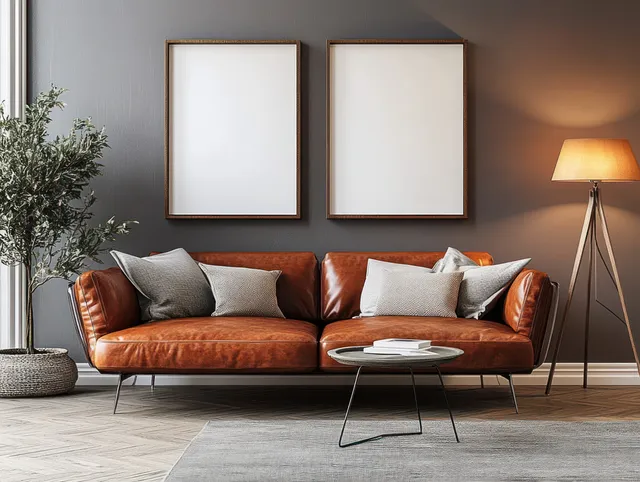 Brown leather sofa with soft pillows sits against a wall with two blank frames while a floor lamp glows warmly.