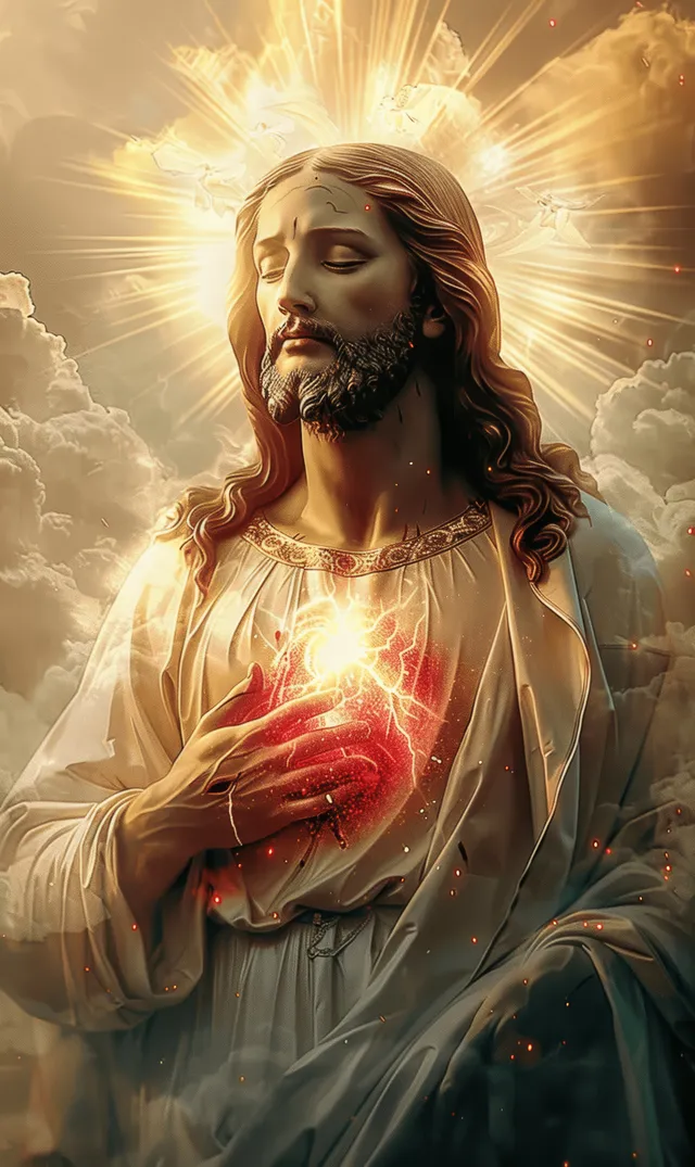 Glowing Sacred Heart Christ in golden heavenly clouds, hands on robe chest