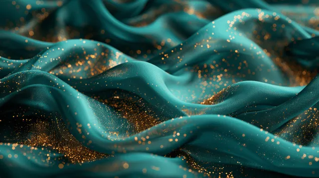 Dark turquoise fabric waves with golden glitter spray and sparkling ripples