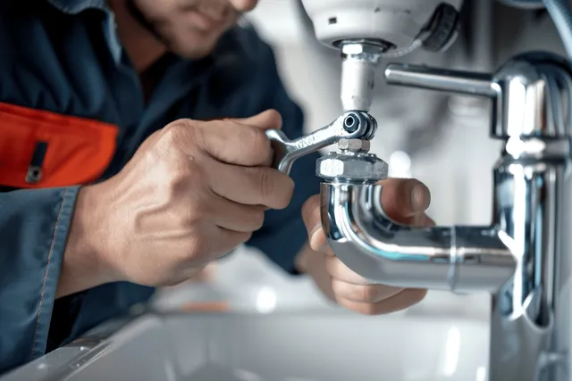 Plumber’s hands use a wrench to tighten a bathroom sink pipe fitting under the cabinet.