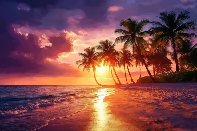 Silhouetted palm trees stand along a tropical beach as sunset reflections shimmer on wet sand.