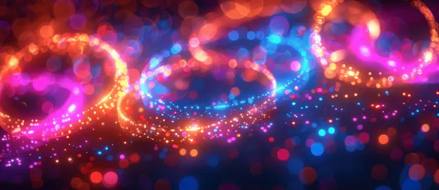 Colorful neon rings glow across a dark abstract background with sparkling bokeh lights.