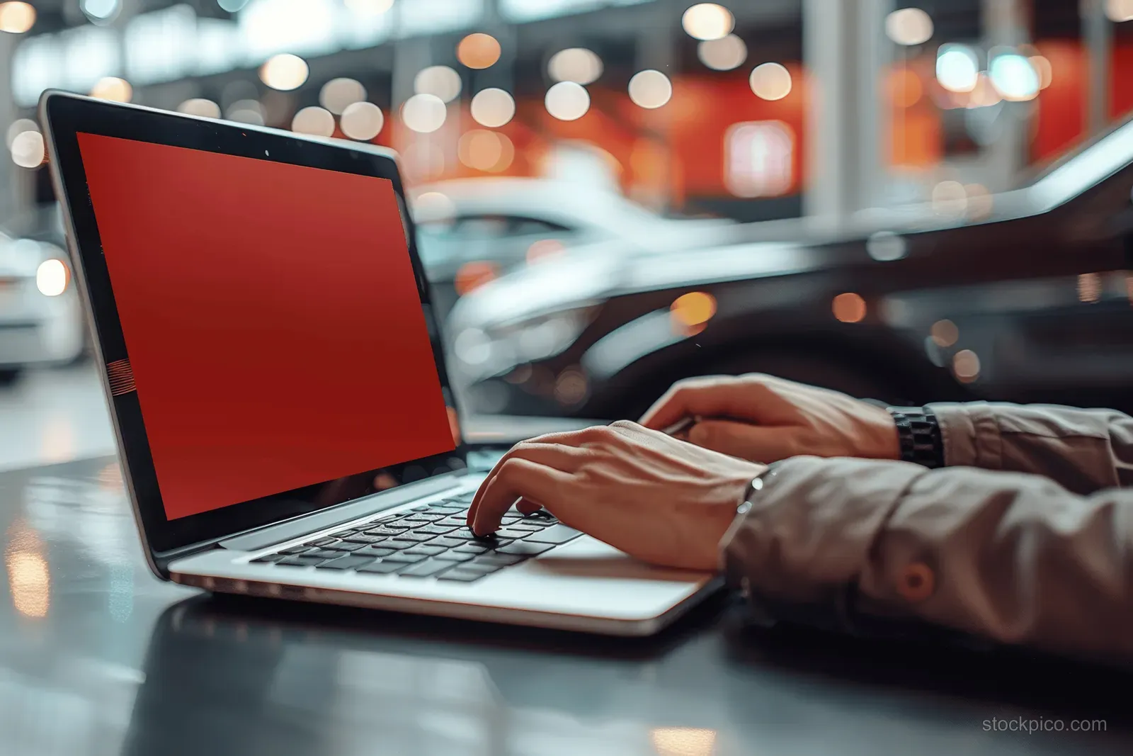 Businessman typing on a laptop inside a car showroom with a red car behind him.