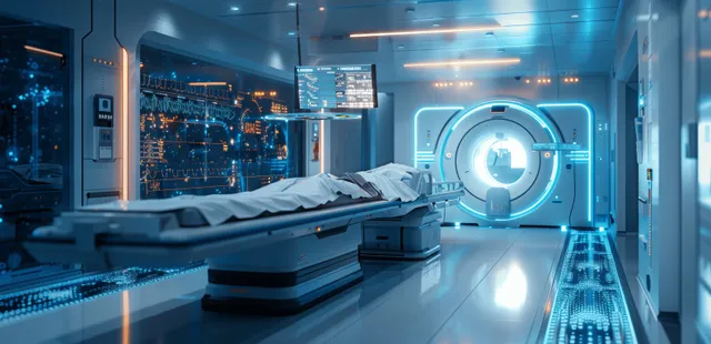 MRI scanner machine with digital interface inside hospital radiology suite, corridor bokeh background