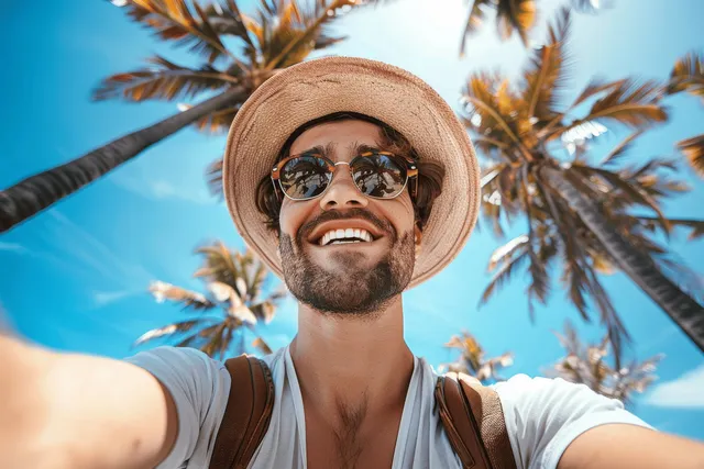 Tourist wearing a hat and backpack takes a selfie with palm trees and blue sky in the background.