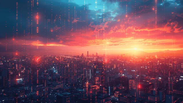 Candlestick chart overlays a glowing city skyline with sunset sky and floating financial data points.