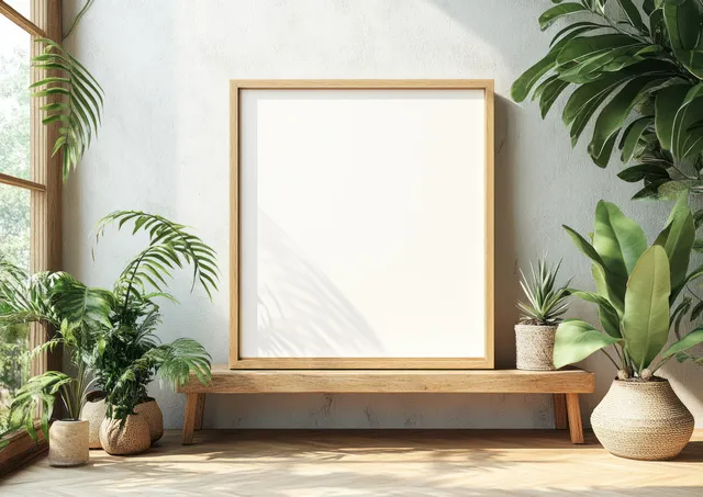 Empty minimalist picture frame on a wooden table with potted green plants and soft sunlight around it.