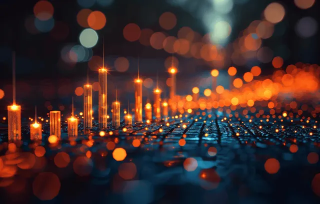 Glowing candlestick charts and data lines with digital trading signals over a blurred city grid