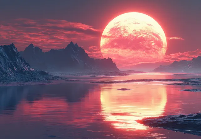 Futuristic alien sunset over rocky coast with two glowing planets reflected in calm water