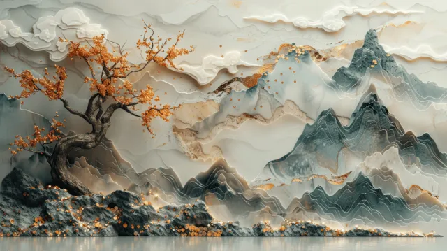 A Chinese landscape mural shows a white tree with golden flowers beside misty mountains and flowing wave-like clouds.
