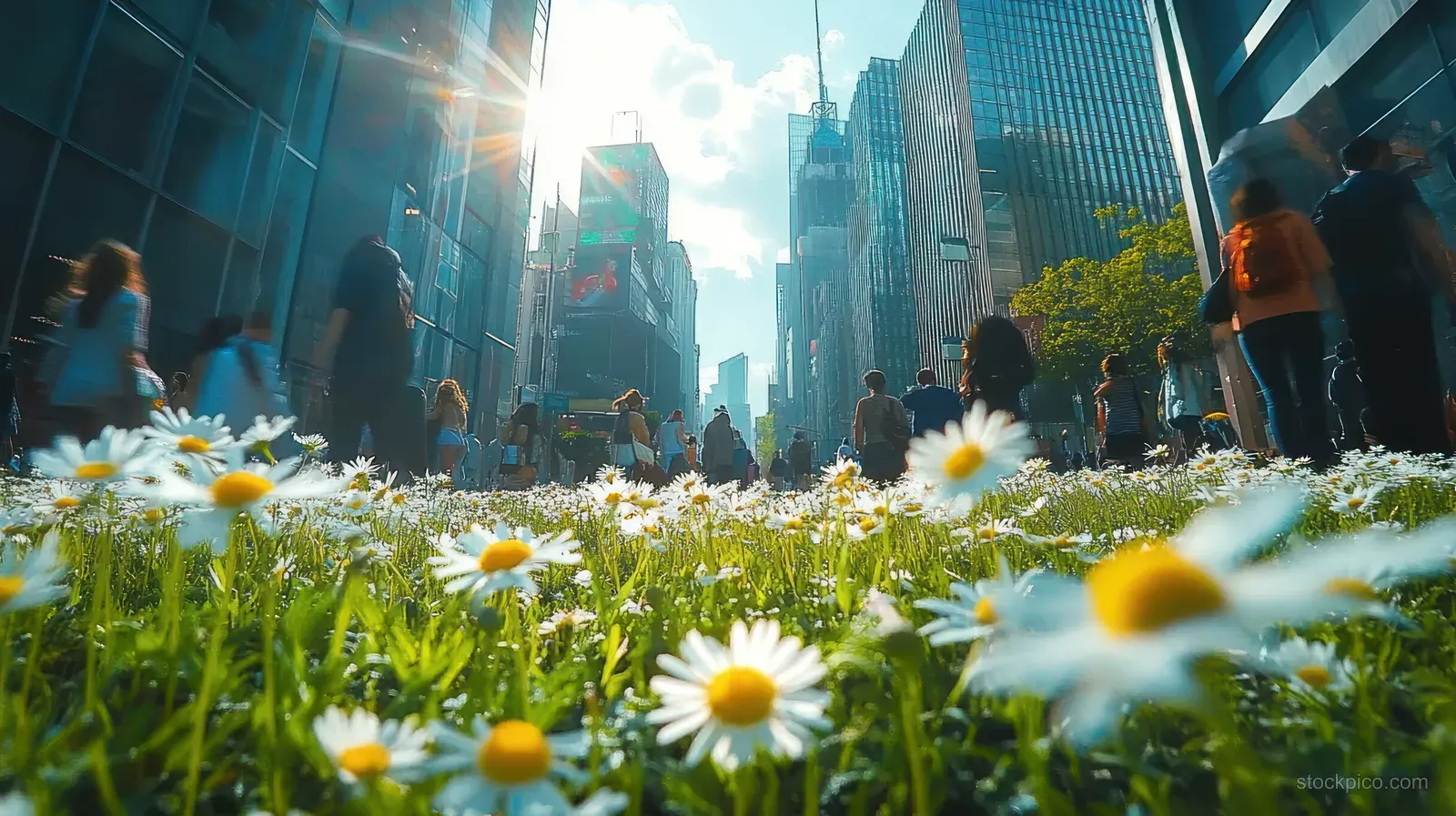 Daisies and green blades of grass grow along a city walkway with tall buildings and pedestrians in the background.