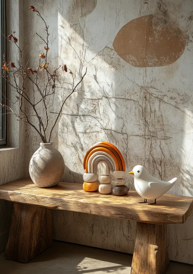 White bird figurine and stacked toys sit on a rustic wooden table in a minimalist children’s room by window light.