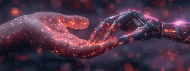 Human and robot hands touch in a dark purple sci-fi scene with glowing AI circuit icons between them.