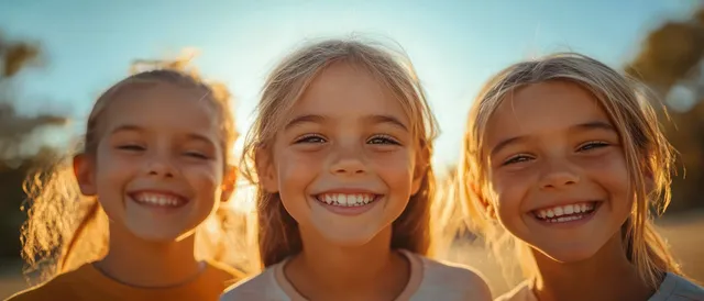 Three smiling girls standing outdoors in golden-hour sunlight with warm glowing hair