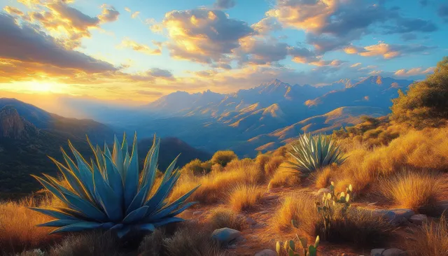 Agave and dry grasses in desert valley beneath colorful sunset clouds and distant mountain silhouettes