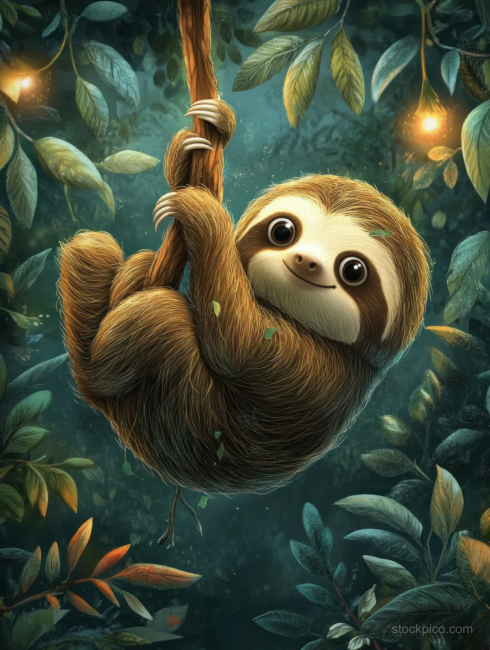 A cute cartoon sloth hangs from a vine in a dark jungle with glowing fireflies and dense green leaves.