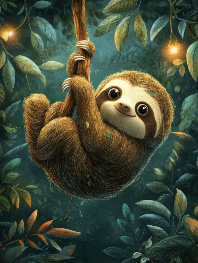 Cartoon sloth hanging in lush jungle, softly lit leaves and glowing fireflies above