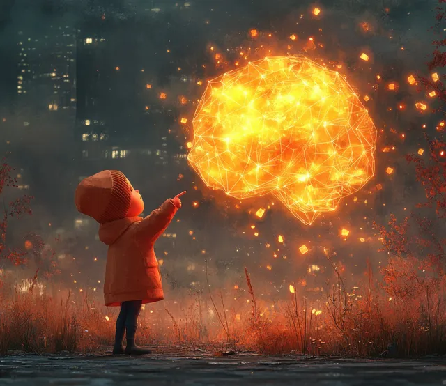 A businessman points toward a glowing geometric brain orb of orange particles above a dark city street scene.