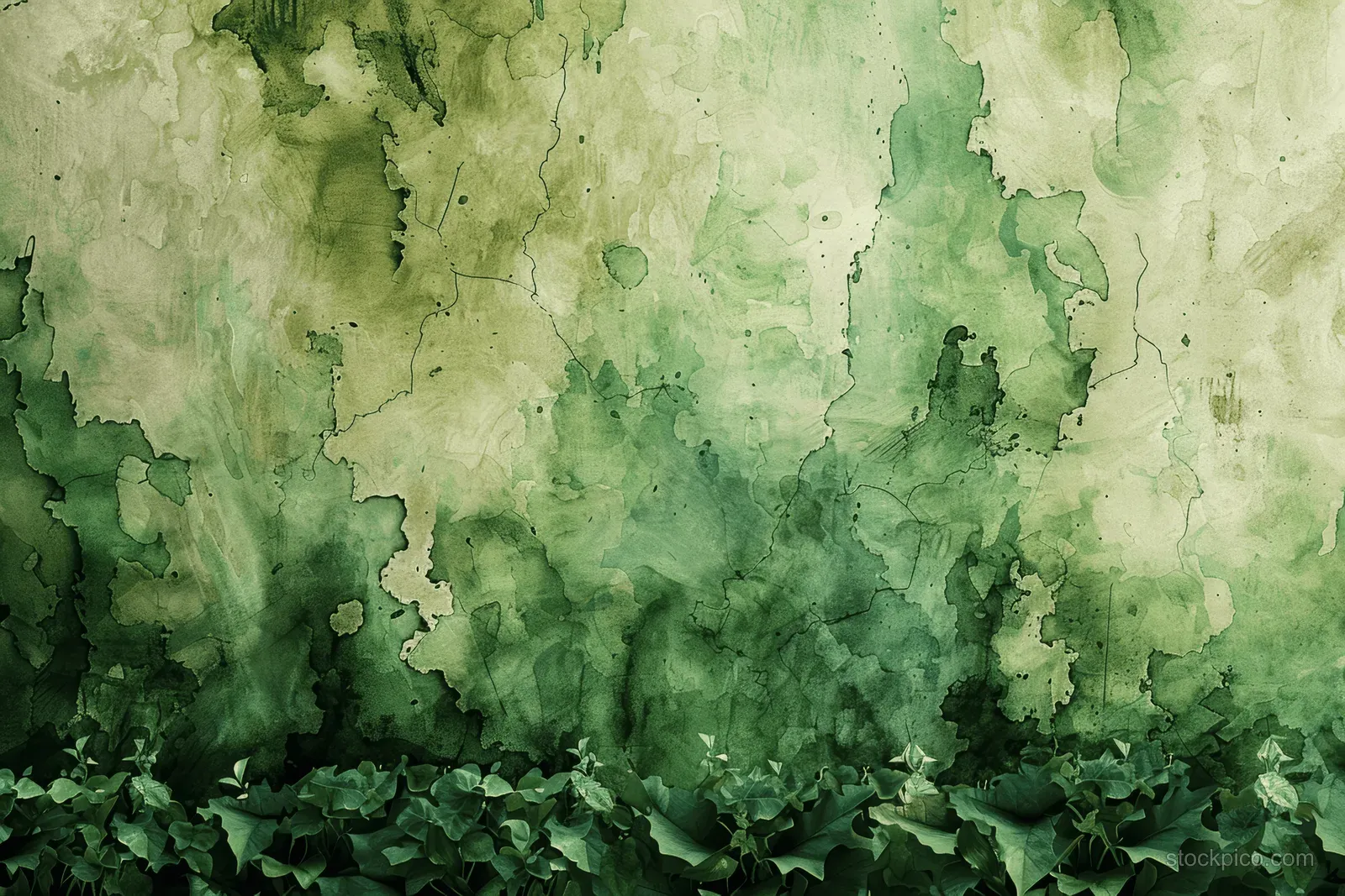 Olive watercolor camouflage grunge stains spread over aged vintage paper with darker green blotches.