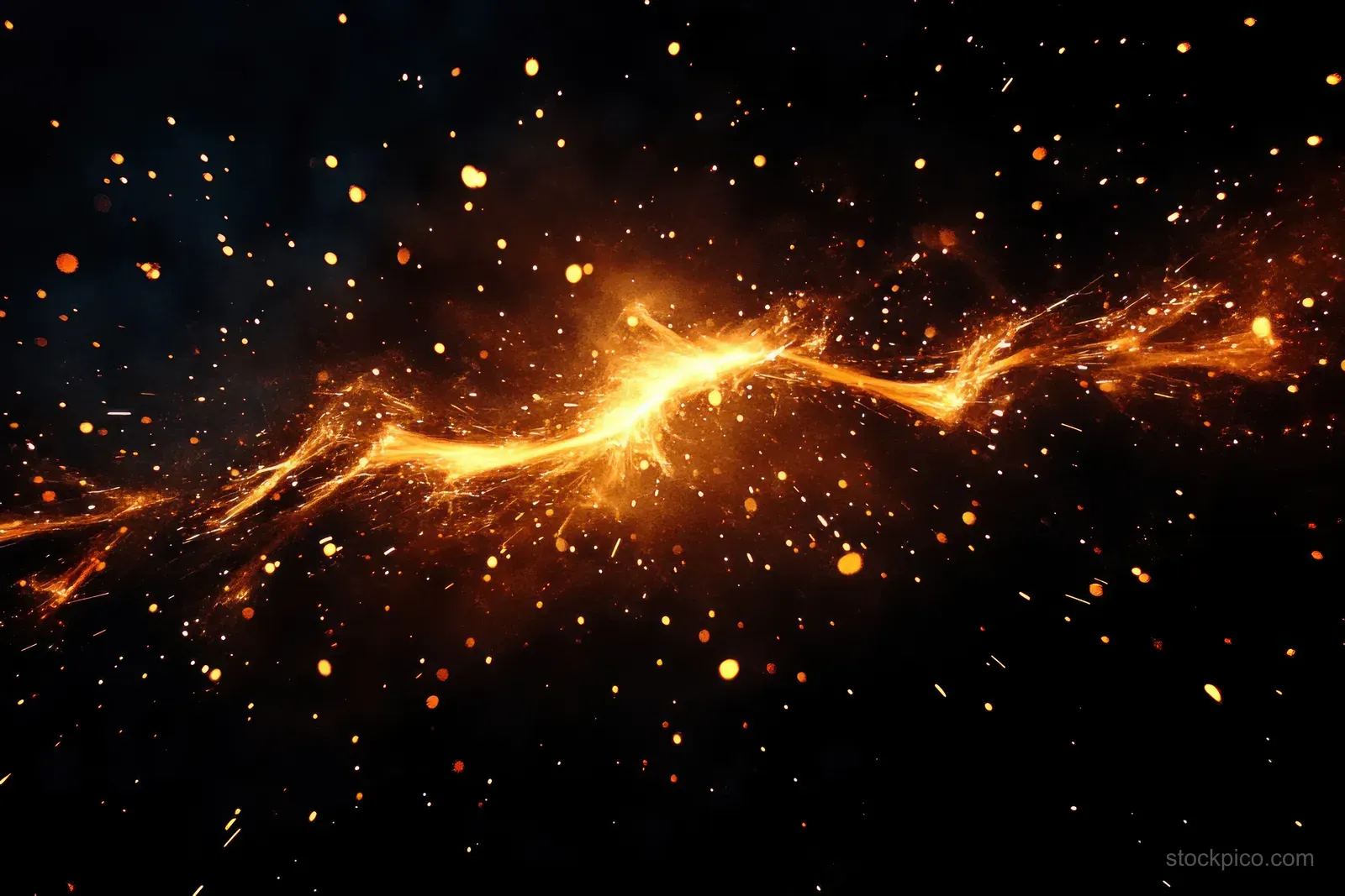 Orange and yellow sparks scatter across a dark background with glowing fiery energy trails.