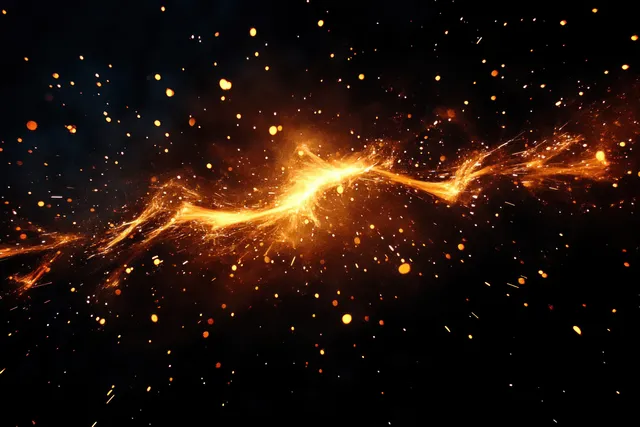 Orange and yellow sparks scatter across a dark background with glowing fiery energy trails.