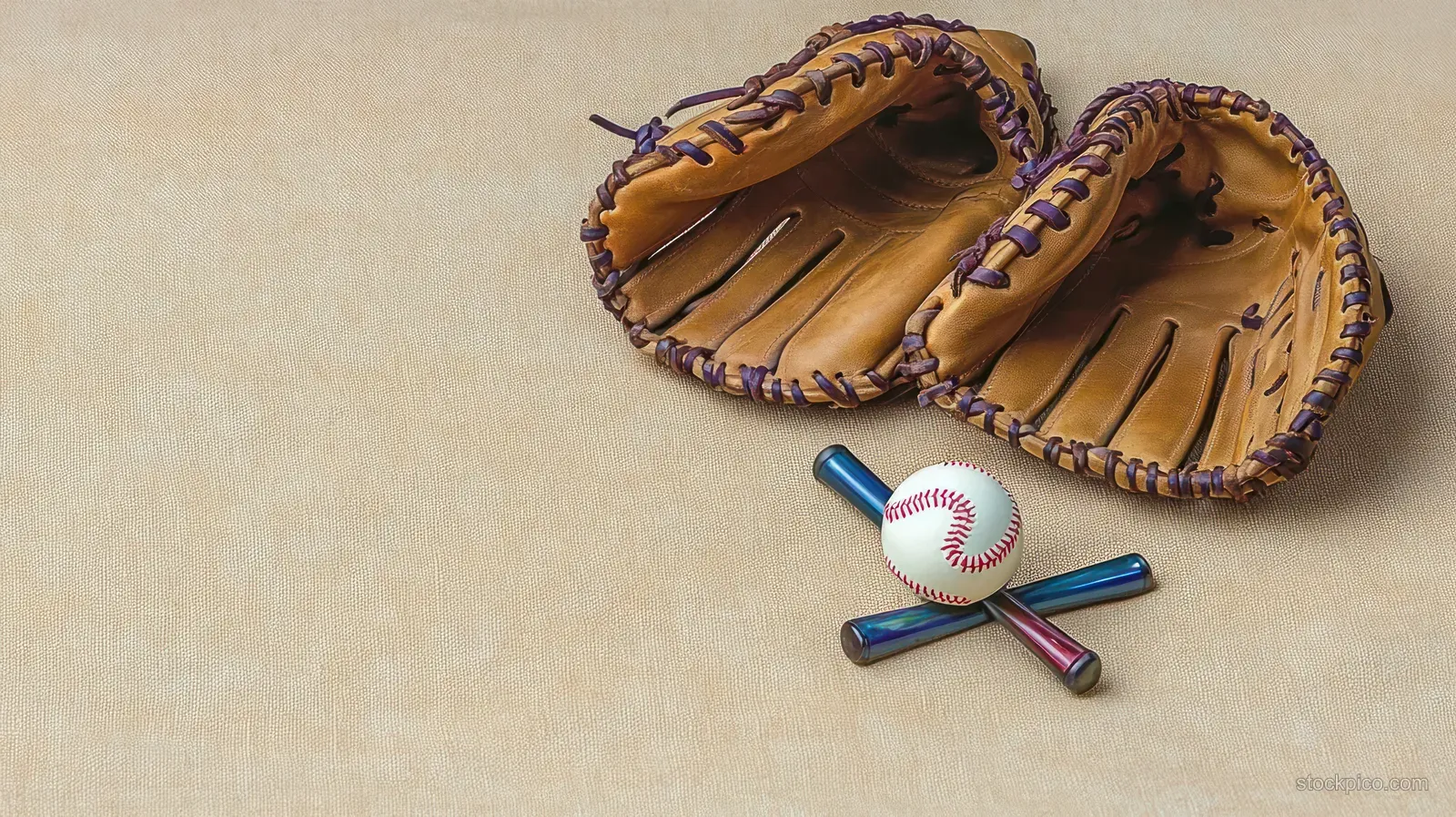 Two worn brown baseball gloves with purple laces sit beside a white baseball and crossed metallic bats on beige texture.