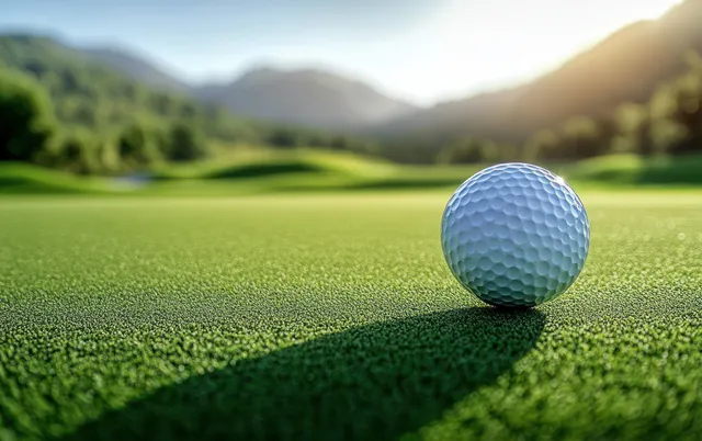 A golf ball rests on a lush putting green under golden hour sunlight with blurred mountains in the distance.