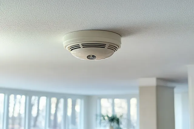 A ceiling smoke detector alarm mounted near the hallway light fixture in a home interior.