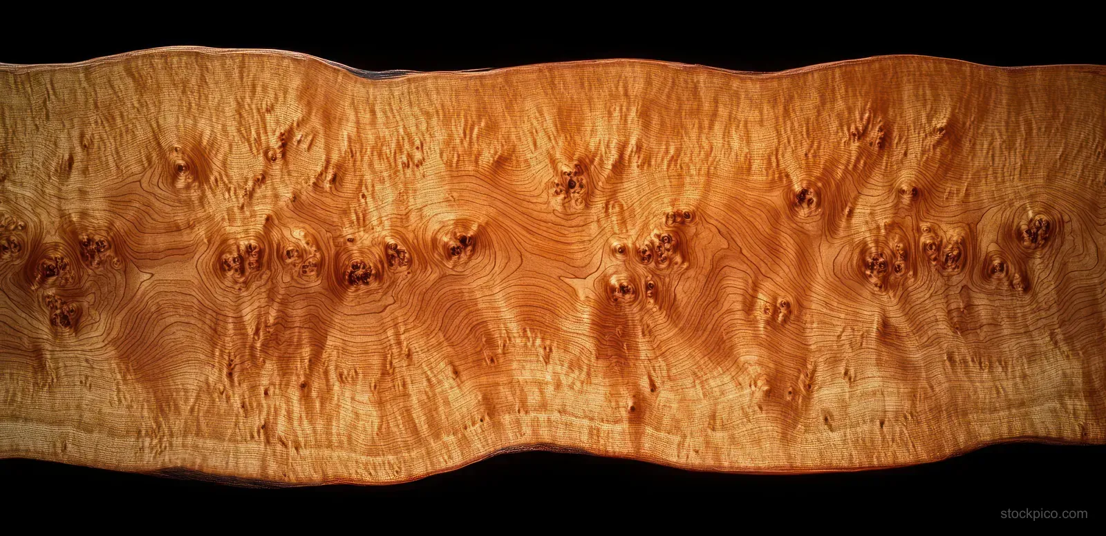 Close-up of a polished wooden plank showing swirling grain patterns, knots, and warm brown tones.